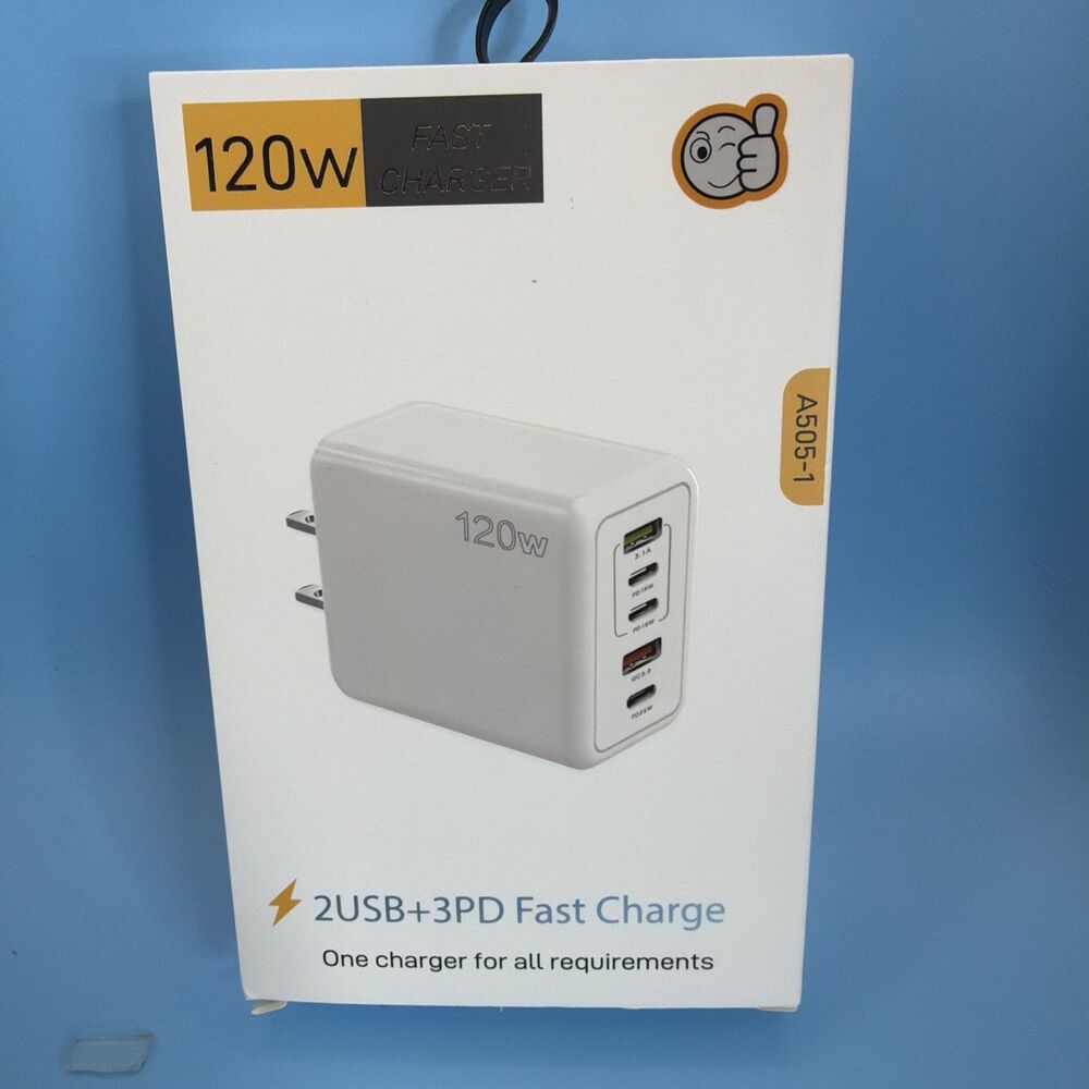 120W Fast Charge 2 USB 3 PD White Wall Charger 5 Ports Model A5051-1